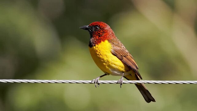 Small Bird with Yellow Chest Perched on Wire with Blurred Greenery Background