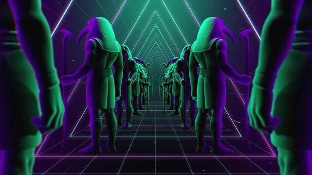 4K seamless turquoise and lilac VJ loop tunnel featuring a stylized, geometric 3D Thoth deity figure with glowing circuits for VJ sets, stage screens, electronic music festivals and LED video walls