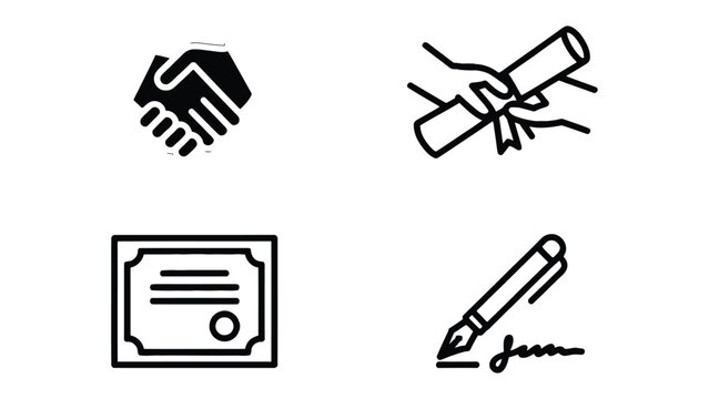 Agreement in Details: A collection of simple icon sets representing handshake, diploma, document and signing the agreement .