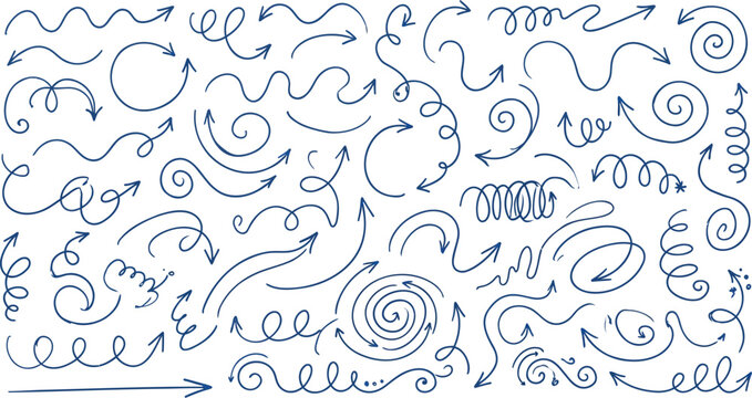Hand drawn arrows set, vector doodle sketch collection, artistic ink cursors, decorative pointing elements, swirl curl squiggle pointers, marker style graphic design shapes, isolated icons
