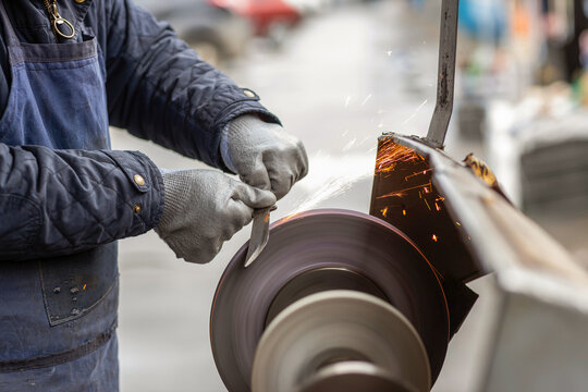 Craftsman sharpening a knife on a professional grinding machine with bright sparks.