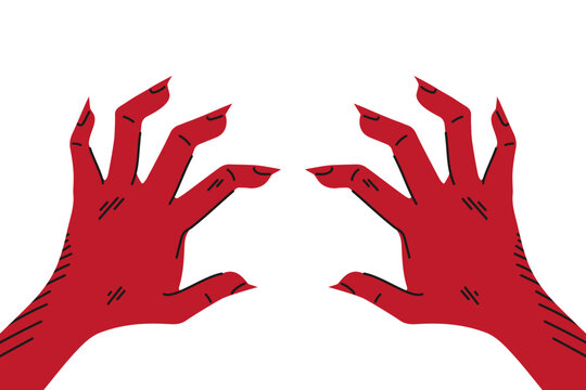 Red devil hands with claws. Hand drawn monster hands isolated on white background. Vector illustration