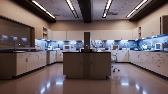 Laboratory modern research clean with scientific equipment and workstations, bright lighting featuring technology, science, innovation with industry