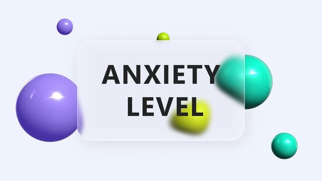 Animated text Anxiety Level with glass UI panel and dynamic moving spheres. Ideal for mental health, stress monitoring, emotional state visualization and medical education visuals.

