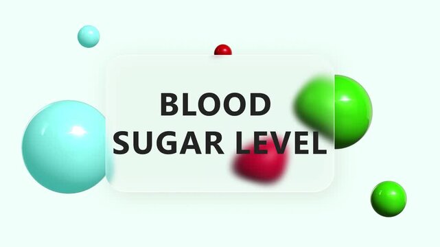 Animated text Blood Sugar Level with glass UI panel and dynamic moving spheres. Ideal for diabetes awareness, glucose monitoring and medical education visuals.

