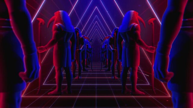 4K seamless blue and red VJ loop tunnel featuring a stylized, geometric 3D Thoth deity figure with glowing circuits for VJ sets, stage screens, electronic music festivals and LED video walls