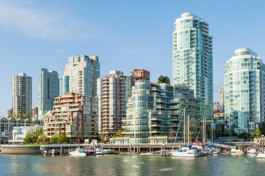 False Creek neighborhood modern high-rise residential complexes and marina in downtown Vancouver, Canada 