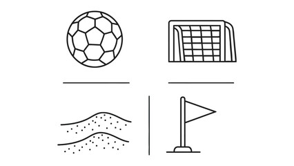Soccer Icons: A minimalist design showcases essential soccer elements. The composition features a soccer ball, a goal net, sand, and a corner flag. © hafs121