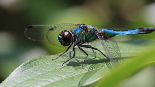 Close-up of a vibrant blue dragonfly resting on a green leaf in nature
