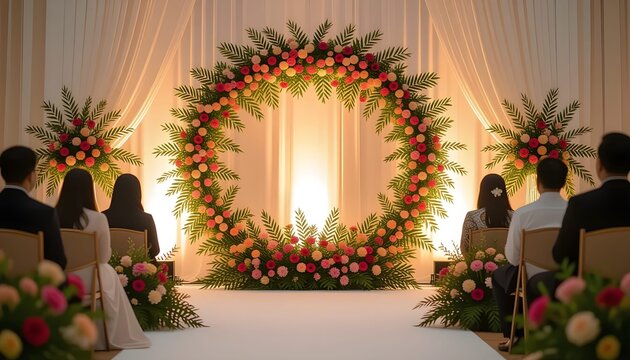Melayu wedding stage decoration featuring classic bunga manggar and floral arch