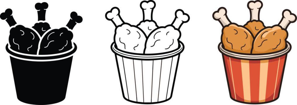 Set of three fried chicken bucket icons featuring black silhouette thin line art and colorful crispy drumstick fast food designs.