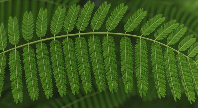 Green bipinnate leaf spreading horizontally in lush garden macro for sustainable growth and organic pattern background