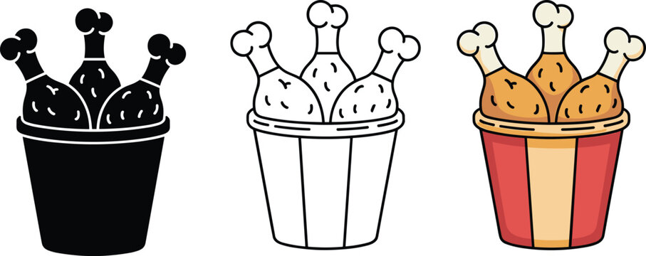 Set of three fried chicken bucket icons featuring black silhouette thin line art and colorful crispy drumstick fast food designs