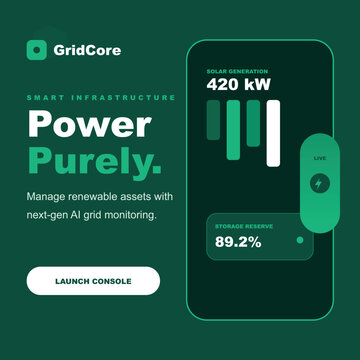 Smart infrastructure, renewable energy, AI grid monitoring, sustainable technology, green energy dashboard post design template