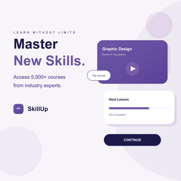 Online learning platform, education website, e-learning template, purple illustration, SkillUp design post design template