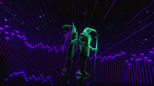 4K seamless turquoise and lilac VJ loop featuring a stylized, geometric 3D Thoth deity figure with glowing circuits for VJ sets, stage screens, electronic music festivals and LED video walls
