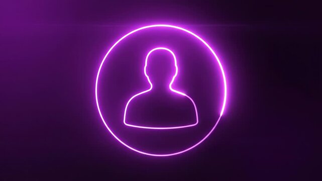 Neon purple glowing user profile icon centered within a thin glowing circular outline on a dark violet background, representative of digital identity, social media, and user accounts.