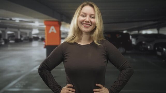 Woman blonde smiling with hands on hips showing face and bare hands in a parking building with orange pillar marked a and parked cars; confidence approachability.