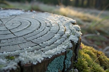 Frosted tree stump with moss and lichen in forest