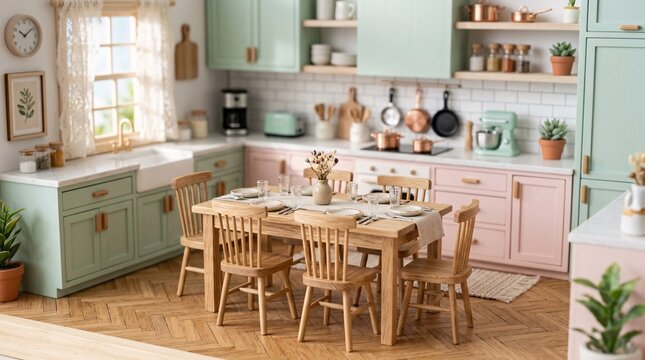 Miniature wooden dining table and chairs in a beautifully lit, modern pastel kitchen, tilt-shift photography, hyper-realistic, 8k.