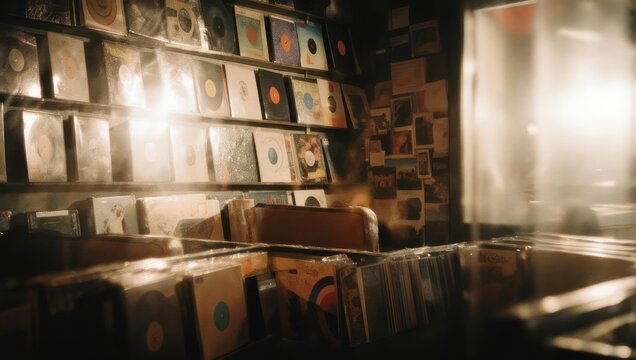Warmly Lit Interior of a Vintage Record Store with Rows of Vinyl Albums.