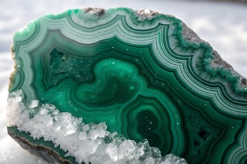 Green malachite stone with white crystals on snowy surface