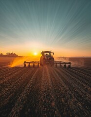 Fototapeta premium A tractor sowing seeds at sunset with a long exposure effect, capturing the motion trails of dust and machinery.