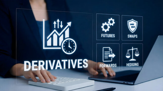 Derivatives dashboard with financial icons and trading analytics on digital interface, fintech style, options futures, risk management, capital markets strategy