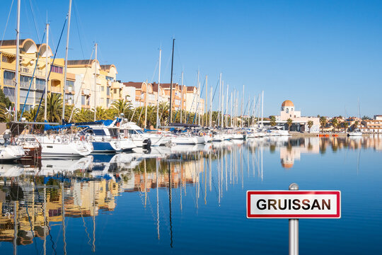 Gruissan marina in Occitanie with added town sign illustration - France