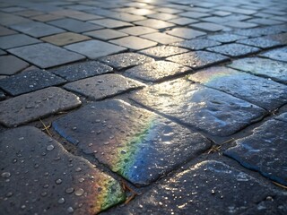 Rainbow on wet cobblestone street with water drops