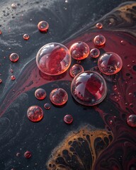 Red bubbles on black and gold liquid background