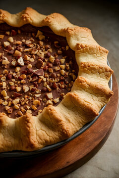 Tarta de chocolate r&uacute;stica con borde de masa ondulada y cobertura de avellanas picadas sobre tabla de madera
