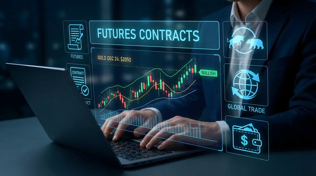 Futures contracts trading interface with financial charts and analytics on laptop, fintech style, derivatives trading, market trends, investment insights