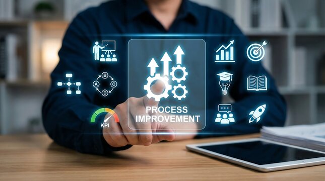 A person interacts with a virtual display showing "PROCESS IMPROVEMENT" surrounded by icons representing growth, efficiency, and various business metrics.