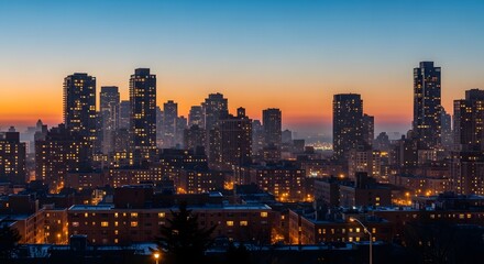 Fototapeta premium New york city skyline at dusk with vibrant sunset colors