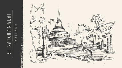 Obraz premium Wat Si Satchanalai, Thailand. Ancient temple landscape drawing postcard. Thai Asian Buddhist pagoda architecture. Historical UNESCO park bg. Vintage travel hand-drawn crayon pencil sketch illustration