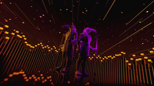 4K seamless orange and purple VJ loop featuring a stylized, geometric 3D Thoth deity figure with glowing circuits for VJ sets, stage screens, electronic music festivals and LED video walls