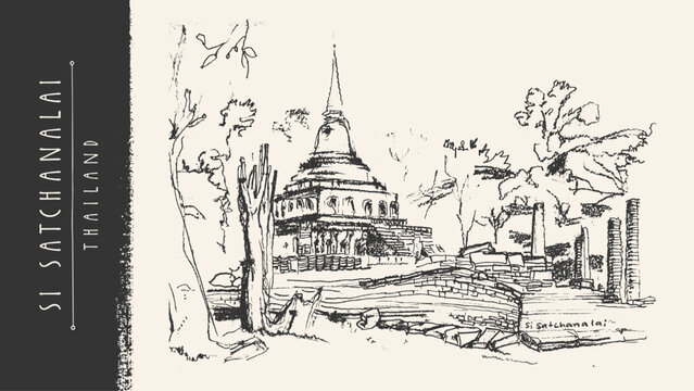 Wat Si Satchanalai, Thailand. Ancient temple landscape drawing postcard. Thai Asian Buddhist pagoda architecture. Historical UNESCO park bg. Vintage travel hand-drawn crayon pencil sketch illustration
