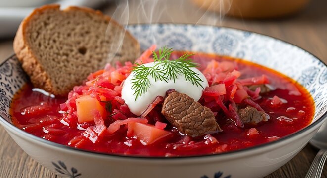 Close up of a bowl of traditional beetroot soup with bread slice