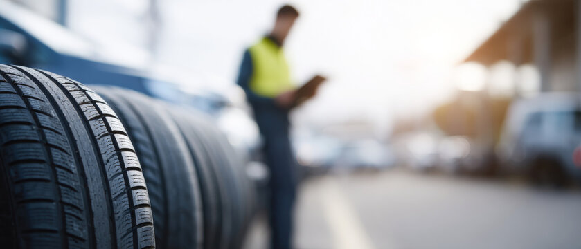 Stack of car tires with mechanic background