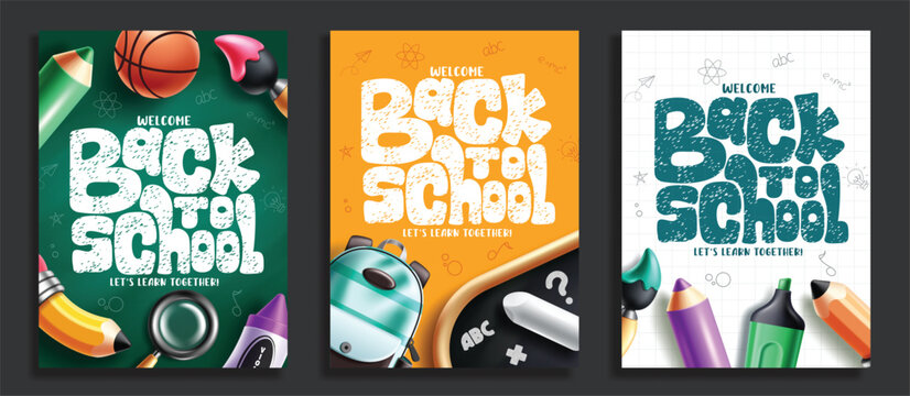 Back to school poster collection clipart. Welcome Back to School greeting text poster set with abstract and gridlines education backgrounds with school supplies like backpack, pencil, crayon