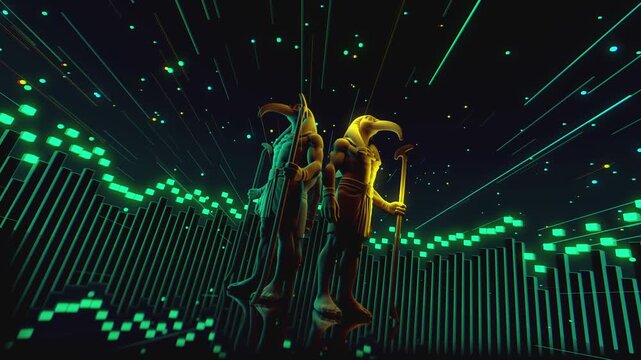 4K seamless turquoise and orange VJ loop featuring a stylized, geometric 3D Thoth deity figure with glowing circuits for VJ sets, stage screens, electronic music festivals and LED video walls