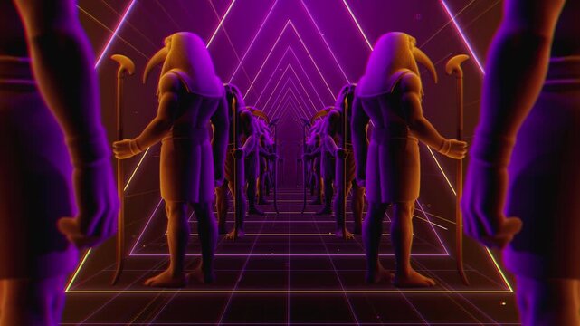 4K seamless orange and purple VJ loop tunnel featuring a stylized, geometric 3D Thoth deity figure with glowing circuits for VJ sets, stage screens, electronic music festivals and LED video walls