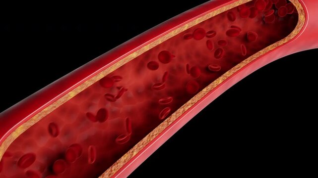 Red blood cells in an artery or blood vessel , flow inside body, medical human health-care. 3D Rendering.Blood cells in motion within an artery, showcasing scientific research, cardiovascular health