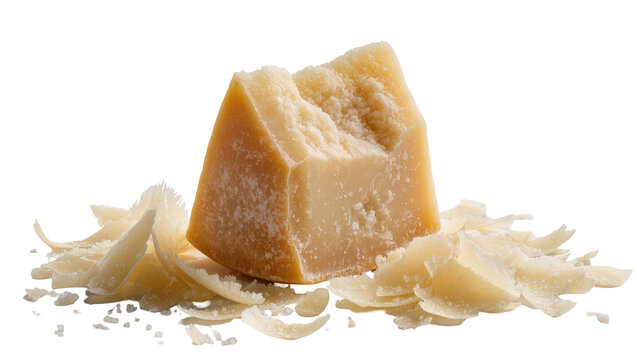 Wedge of aged Parmesan cheese with shavings, isolated on transparent background