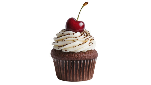Chocolate cupcake with white frosting and cherry, isolated on transparent background