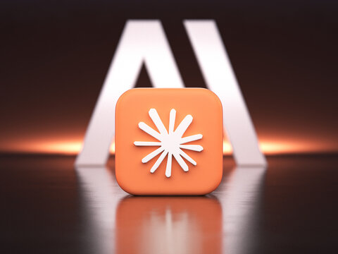 Valencia, Spain - April, 2026: Claude, an artificial intelligence chatbot developed by Anthropic, based on large language model. App icon and Anthropic logo isolated on a dark surface, 3D rendering.