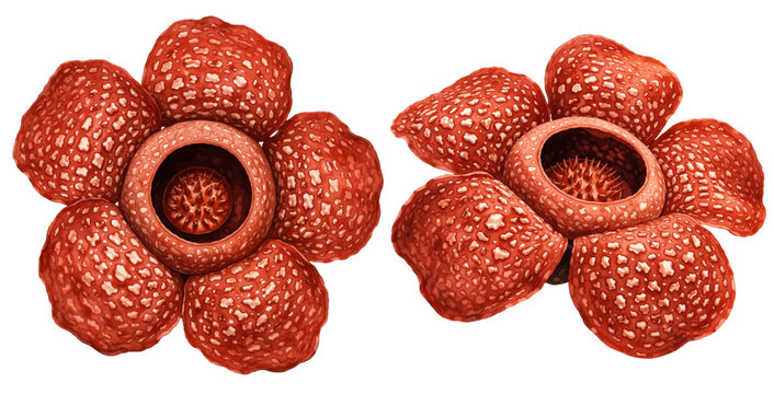 A watercolor collection of rafflesia flowers featuring large red rafflesia blooms, spotted textured petals, deep central cups, and exotic tropical floral details isolated on white background.