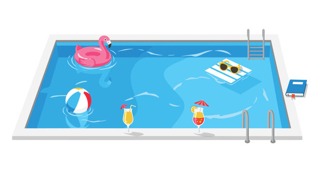 A pristine rectangular swimming pool filled with sparkling blue water features a pink flamingo float beach ball and various summer accessories on deck.