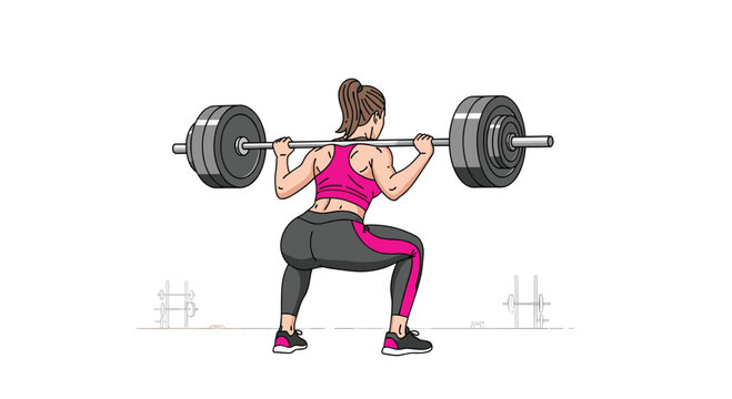 A strong female bodybuilder wearing a vibrant pink sports bra and dark leggings executes a deep weighted squat with a heavy barbell inside a bright gym.